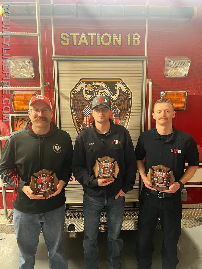 2023 Awardees
Left to Right: Chiefs Choice Award -C.J. Dwiggins, 1st responder of the year-Tanner Doub, Firefighter of the year-Hunter Rice 